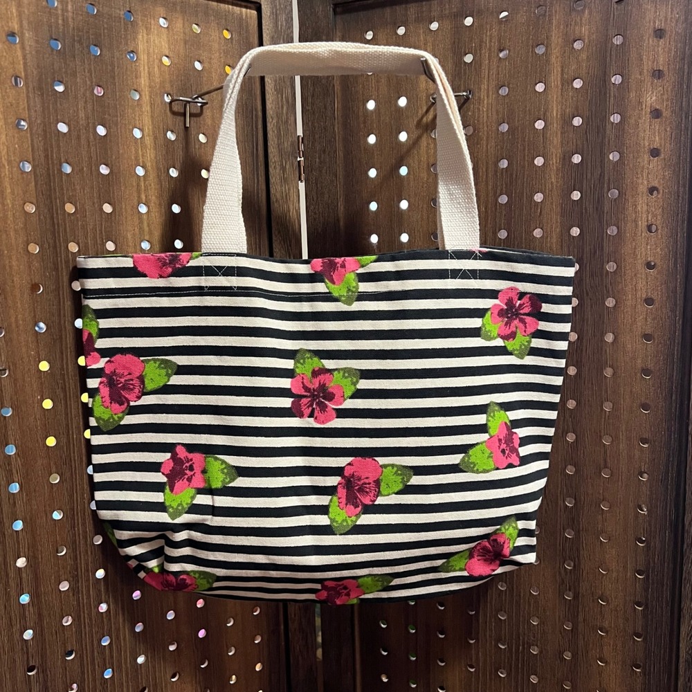 Delia's Black and White Stripe With Flowers Canvas Tote Bag
